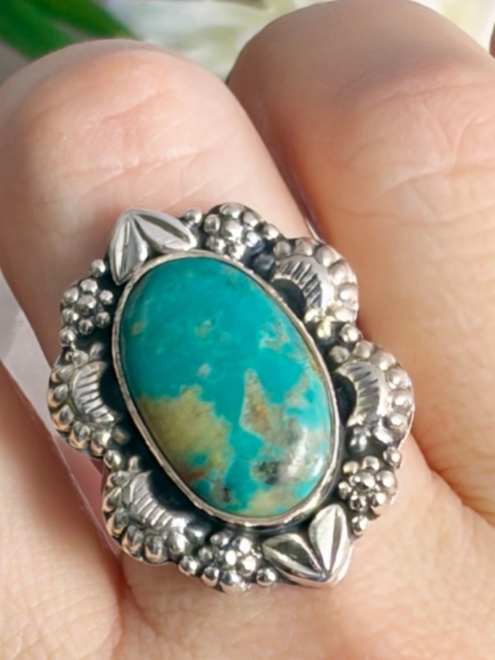 Sonoran Gold Turquoise Navajo Style Ring Size 8 1/4 8.5 Pure Sterling Silver 925